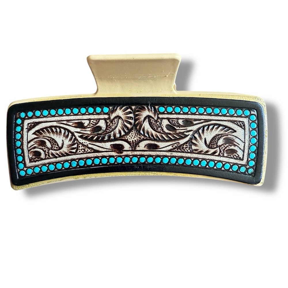 Myra Hair Large Comb Clip In Hand Tooled Leather accented in Yellow- NWT - Picture 4 of 4